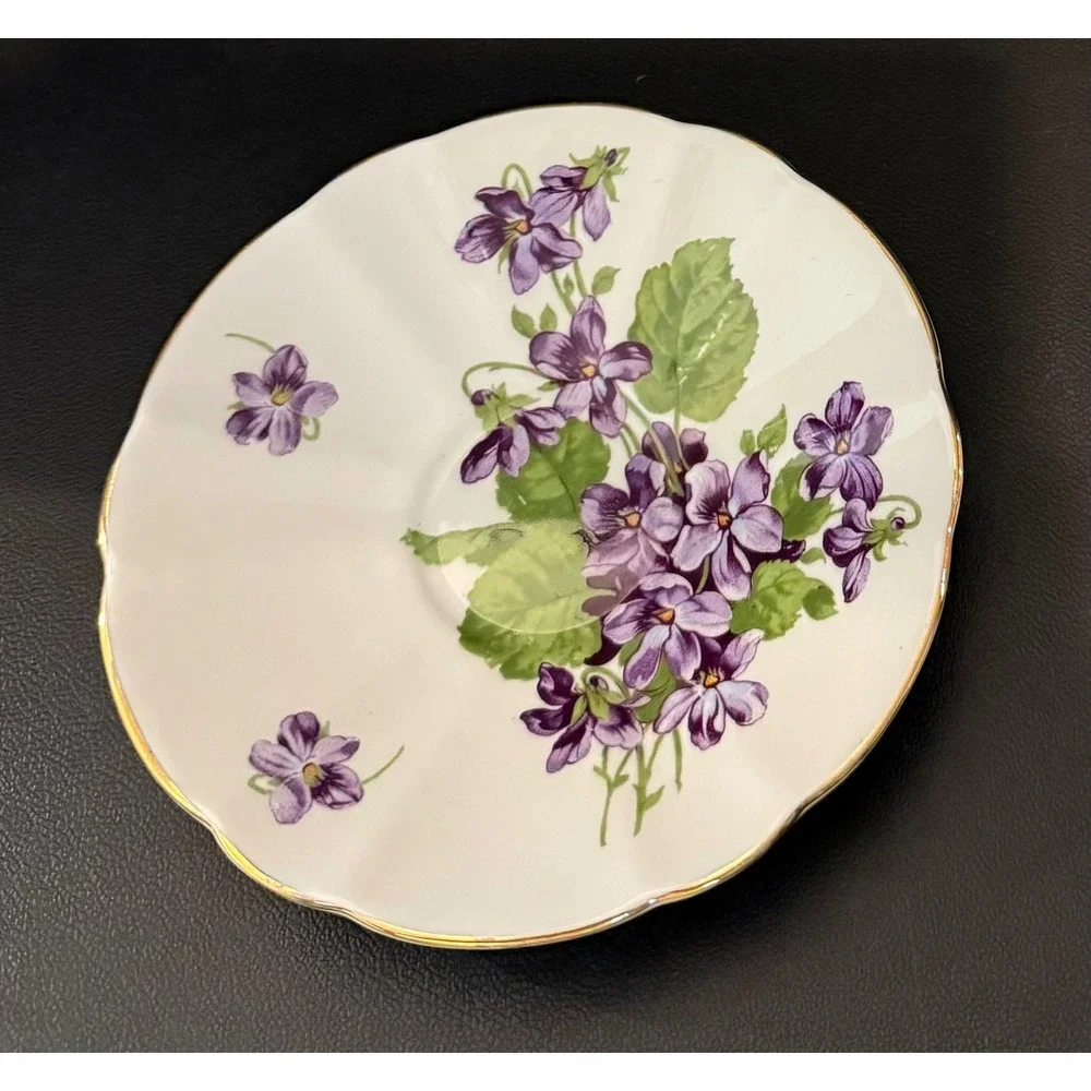 Adderley Teacup Saucer Set White Purple Violets Gold Trim Fine Bone China